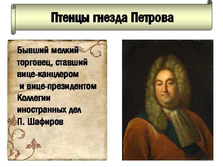 Птенцы гнезда Петрова Бывший мелкий торговец, ставший вице-канцлером и вице-президентом Коллегии иностранных дел П.