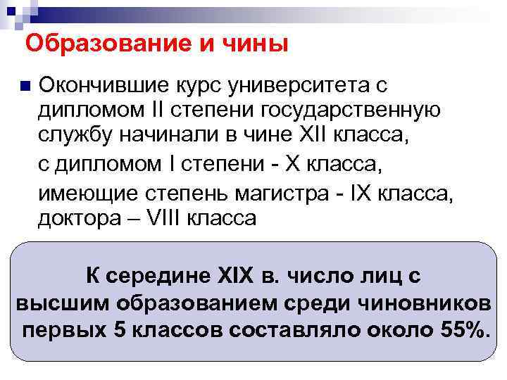 Образование и чины Окончившие курс университета с дипломом II степени государственную службу начинали в
