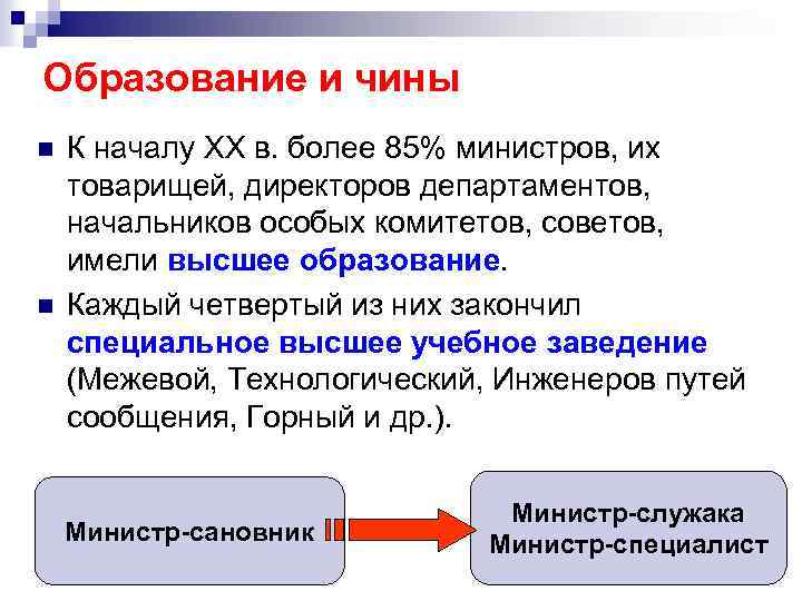 Образование и чины n n К началу ХХ в. более 85% министров, их товарищей,
