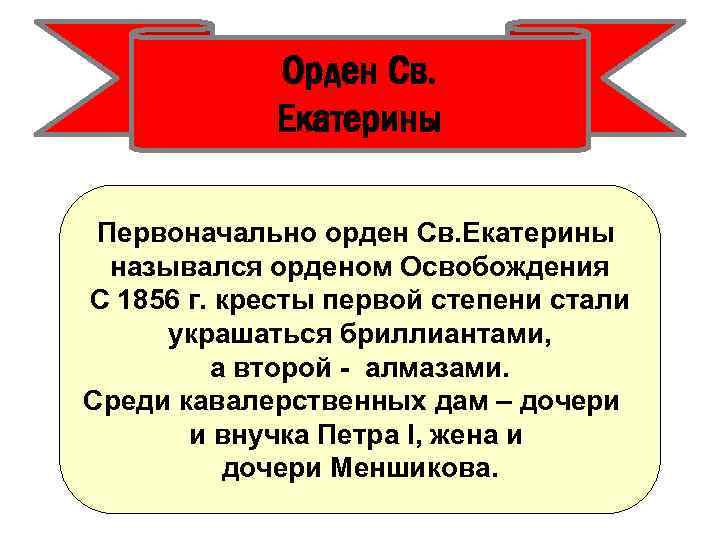 Орден Св. Екатерины Первоначально орден Св. Екатерины назывался орденом Освобождения С 1856 г. кресты