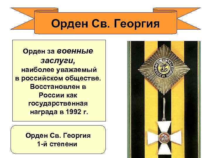 Орден Св. Георгия Орден за военные заслуги, наиболее уважаемый в российском обществе. Восстановлен в