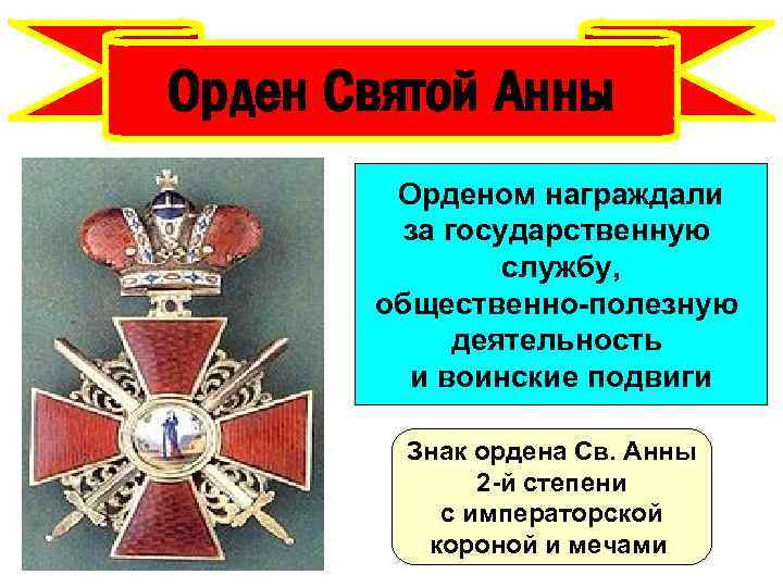 Орден Святой Анны Орденом награждали за государственную службу, общественно-полезную деятельность и воинские подвиги Знак