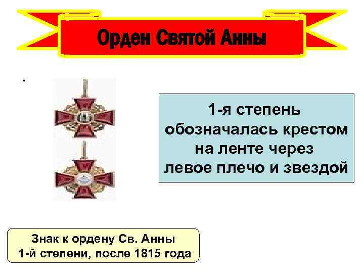 Орден Святой Анны. 1 -я степень обозначалась крестом на ленте через левое плечо и
