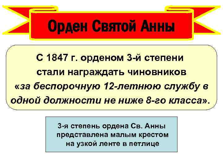 Орден Святой Анны С 1847 г. орденом 3 -й степени стали награждать чиновников «за