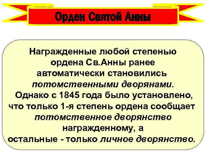 Орден Святой Анны Награжденные любой степенью ордена Св. Анны ранее автоматически становились потомственными дворянами.