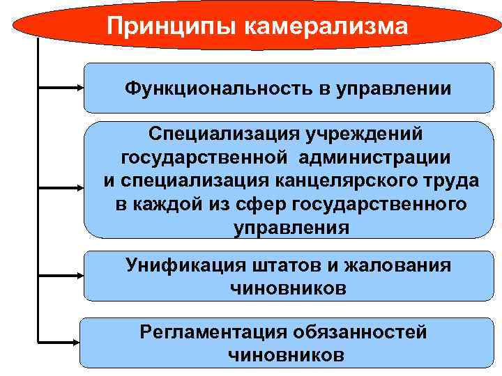 Принципы камерализма Функциональность в управлении Специализация учреждений государственной администрации и специализация канцелярского труда в