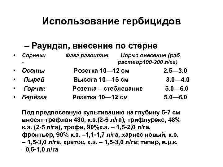Использование гербицидов – Раундап, внесение по стерне • Сорняки - • Осоты • Пырей