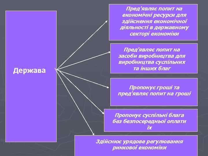 Пред'являє попит на економічні ресурси для здійснення економічної діяльності в державному секторі економіки Держава