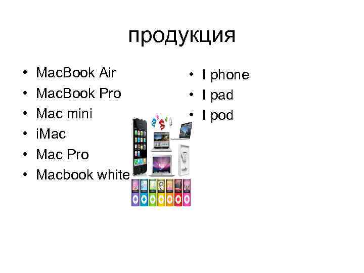 продукция • • • Mac. Book Air Mac. Book Pro Mac mini i. Mac