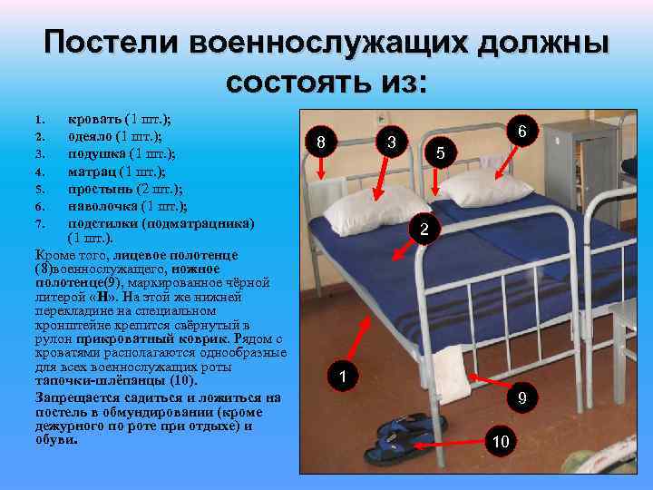 Постели военнослужащих должны состоять из: кровать (1 шт. ); одеяло (1 шт. ); подушка