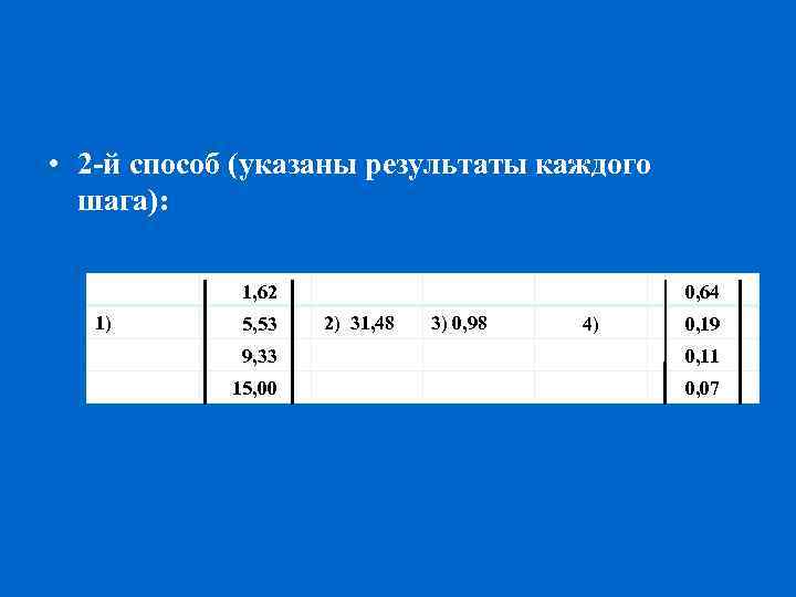  • 2 й способ (указаны результаты каждого шага): 1, 62 1) 5, 53