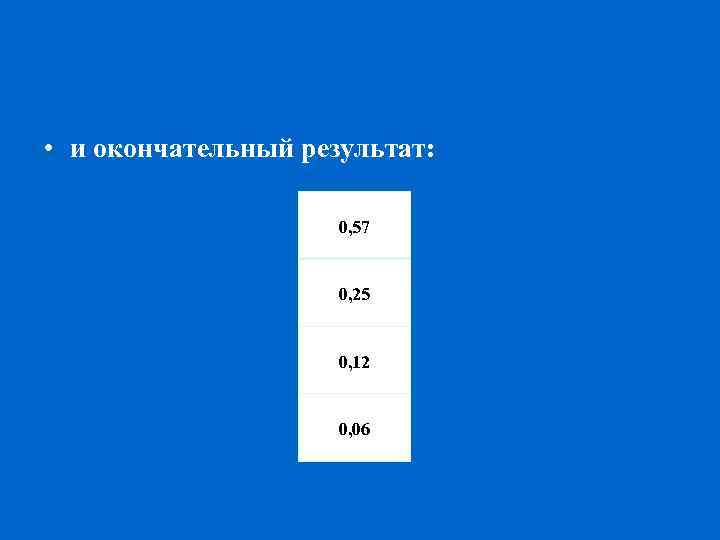  • и окончательный результат: 0, 57 0, 25 0, 12 0, 06 