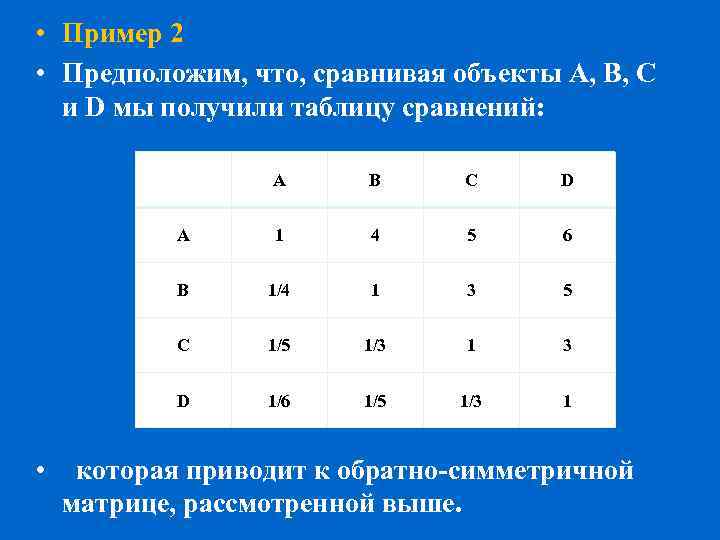  • Пример 2 • Предположим, что, сравнивая объекты А, В, С и D