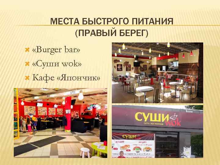 МЕСТА БЫСТРОГО ПИТАНИЯ (ПРАВЫЙ БЕРЕГ) «Burger bar» «Суши wok» Кафе «Япончик» 