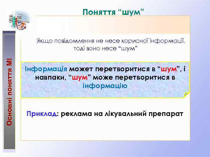 Поняття “шум” Основні поняття МІ Якщо повідомлення не несе корисної інформації, тоді воно несе