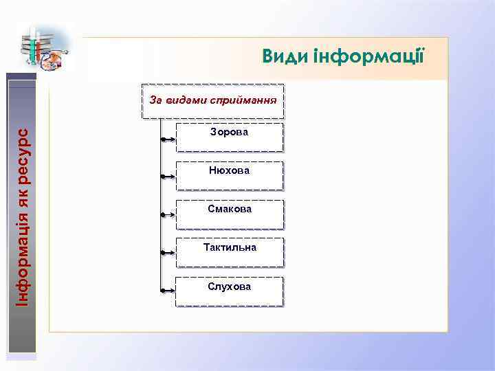 Види інформації Інформація як ресурс За видами сприймання Зорова Нюхова Смакова Тактильна Слухова 