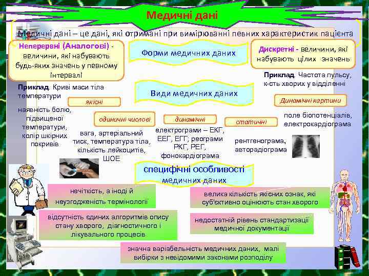 Медичні дані – це дані, які отримані при вимірюванні певних характеристик пацієнта Неперервні (Аналогові)