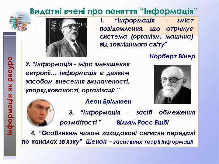 Видатні вчені про поняття “Інформація” Інформація як ресурс 1. “Інформація зміст повідомлення, що отримує