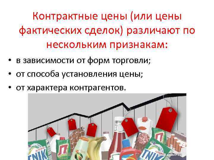 Контрактные цены (или цены фактических сделок) различают по нескольким признакам: • в зависимости от