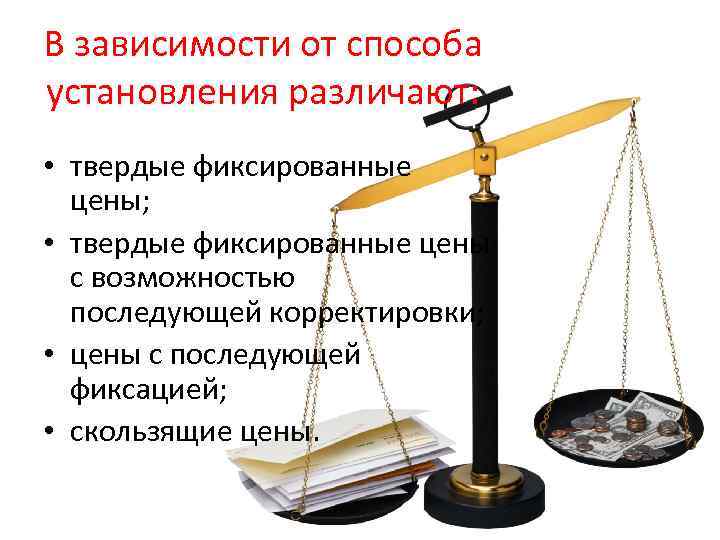 В зависимости от способа установления различают: • твердые фиксированные цены; • твердые фиксированные цены