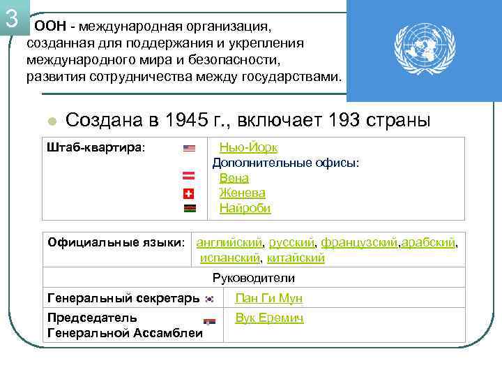 3 ООН - международная организация, созданная для поддержания и укрепления международного мира и безопасности,