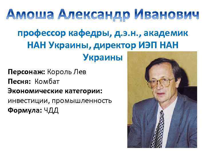 профессор кафедры, д. э. н. , академик НАН Украины, директор ИЭП НАН Украины Персонаж:
