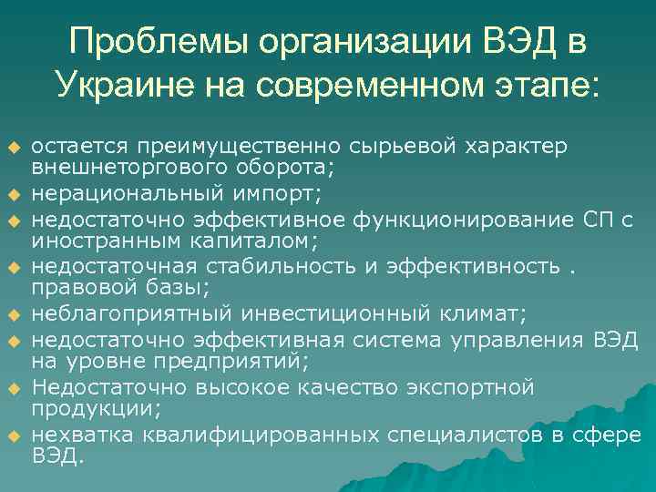 Проблемы организации ВЭД в Украине на современном этапе: u u u u остается преимущественно