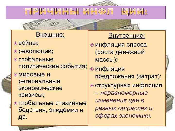 Внешние: войны; революции; глобальные политические события; мировые и региональные экономические кризисы; глобальные стихийные бедствия,