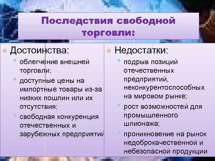 Последствия свободной торговли: l Достоинства: • облегчение внешней • • торговли; доступные цены на