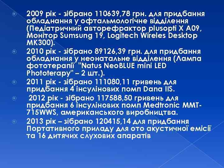  2009 рік - зібрано 110639, 78 грн. для придбання обладнання у офтальмологічне відділення