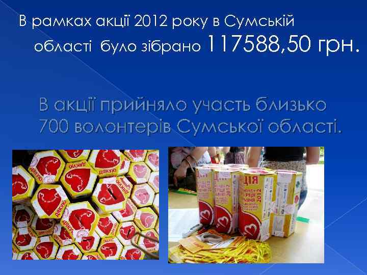 В рамках акції 2012 року в Сумській області було зібрано 117588, 50 грн. В