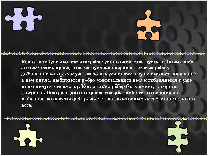 Вначале текущее множество рёбер устанавливается пустым. Затем, пока это возможно, проводится следующая операция: из