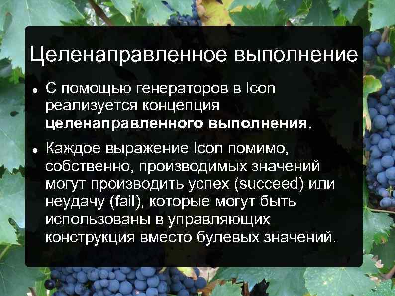 Целенаправленное выполнение С помощью генераторов в Icon реализуется концепция целенаправленного выполнения. Каждое выражение Icon