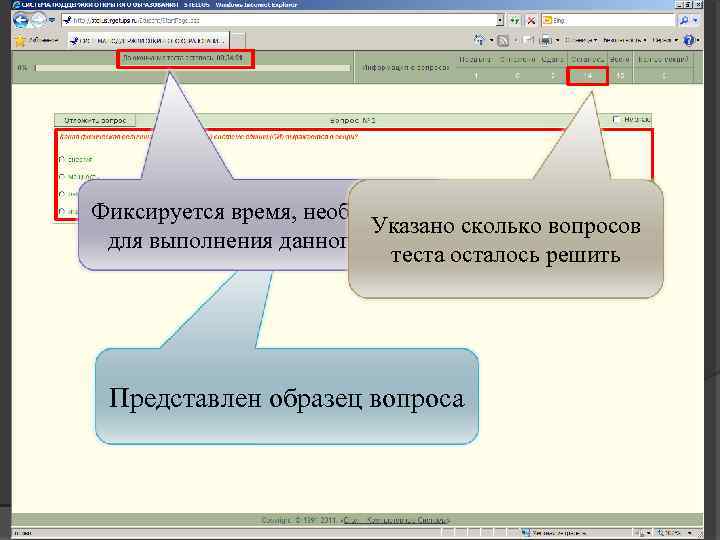 Фиксируется время, необходимое Указано сколько вопросов для выполнения данного теста осталось решить Представлен образец