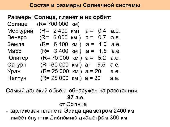 Состав и размеры Солнечной системы Размеры Солнца, планет и их орбит: Солнце (R= 700