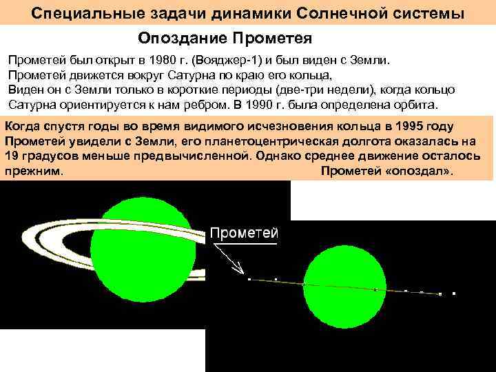 Специальные задачи динамики Солнечной системы Опоздание Прометея Прометей был открыт в 1980 г. (Вояджер-1)