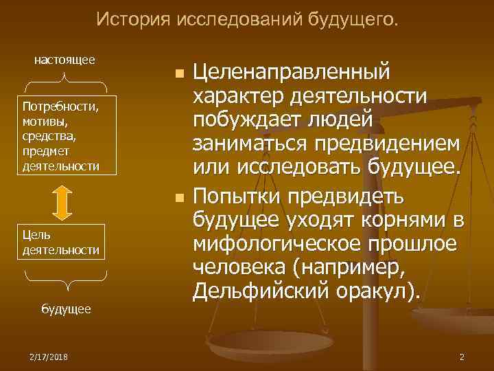 История исследований будущего. настоящее n Потребности, мотивы, средства, предмет деятельности n Цель деятельности будущее