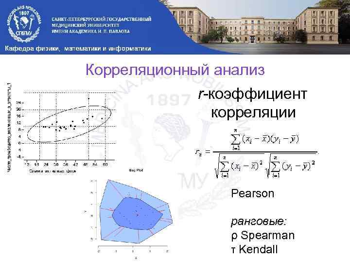 Корреляционный анализ r-коэффициент корреляции Pearson ранговые: ρ Spearman τ Kendall 