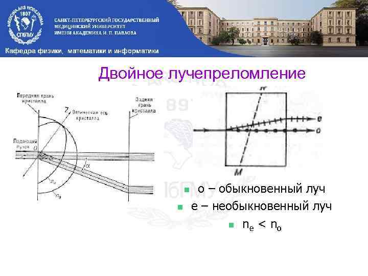 Двойное лучепреломление n n о – обыкновенный луч e – необыкновенный луч n ne