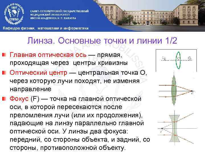 Линза. Основные точки и линии 1/2 Главная оптическая ось — прямая, проходящая через центры