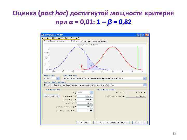Оценка (post hoc) достигнутой мощности критерия при α = 0, 01: 1 – β
