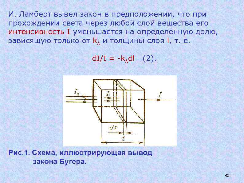 И. Ламберт вывел закон в предположении, что при прохождении света через любой слой вещества