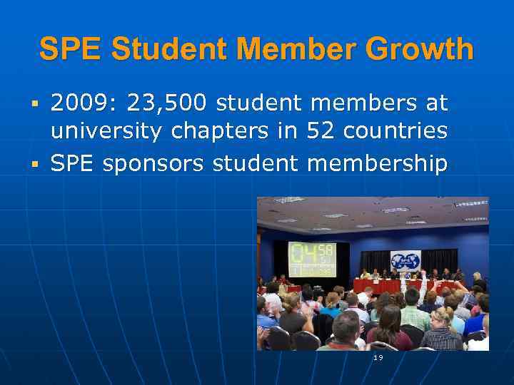 SPE Student Member Growth 2009: 23, 500 student members at university chapters in 52