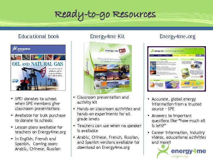 Ready-to-go Resources Educational book • SPEI donates to school when SPE members give classroom