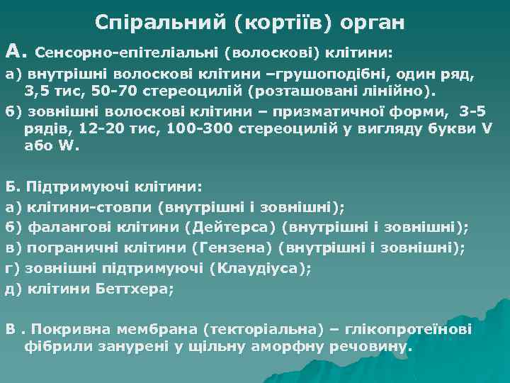 Спіральний (кортіїв) орган А. Сенсорно-епітеліальні (волоскові) клітини: а) внутрішні волоскові клітини –грушоподібні, один ряд,