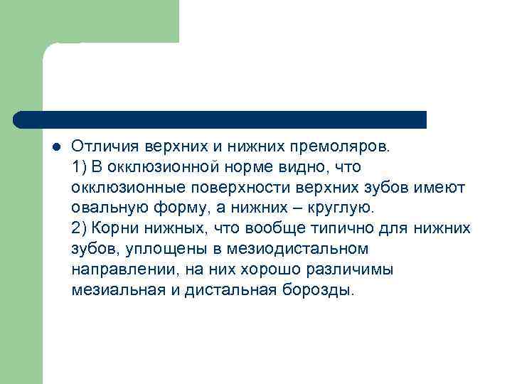 l Отличия верхних и нижних премоляров. 1) В окклюзионной норме видно, что окклюзионные поверхности
