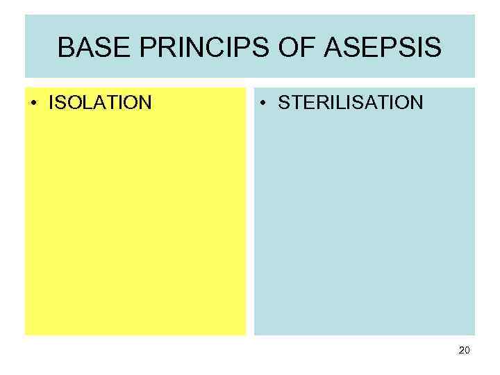 BASE PRINCIPS OF ASEPSIS • ISOLATION • STERILISATION 20 