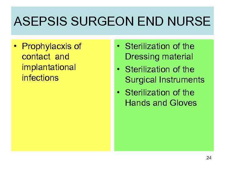 ASEPSIS SURGEON END NURSE • Prophylacxis of contact and implantational infections • Sterilization of