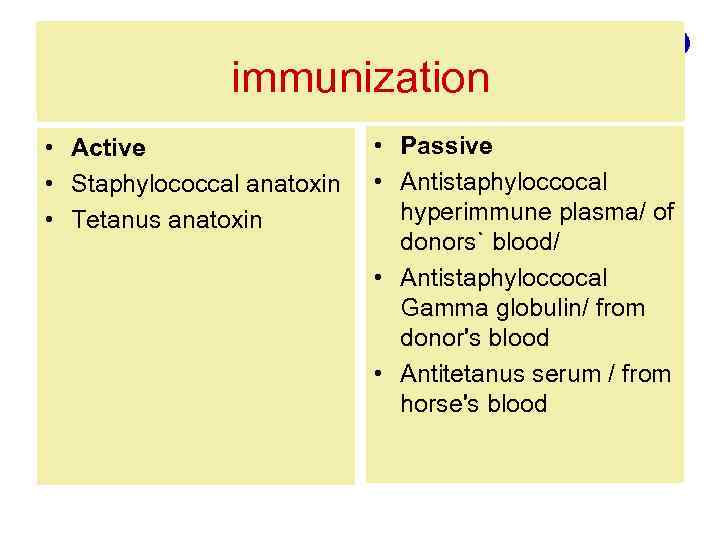IMMUNIZATION immunization • Active • Staphylococcal anatoxin • Tetanus anatoxin • Passive • Antistaphyloccocal