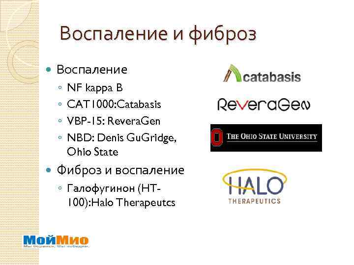 Воспаление и фиброз Воспаление ◦ ◦ NF kappa B CAT 1000: Catabasis VBP-15: Revera.